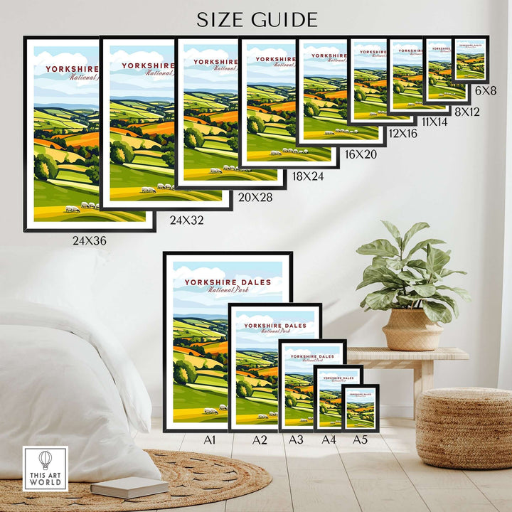 Size guide for Yorkshire Dales National Park wall art featuring various frame sizes and dimensions in a cozy room setting.