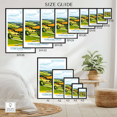 Yorkshire Dales National Park England Wall Art Print size guide with various frame sizes showcased.