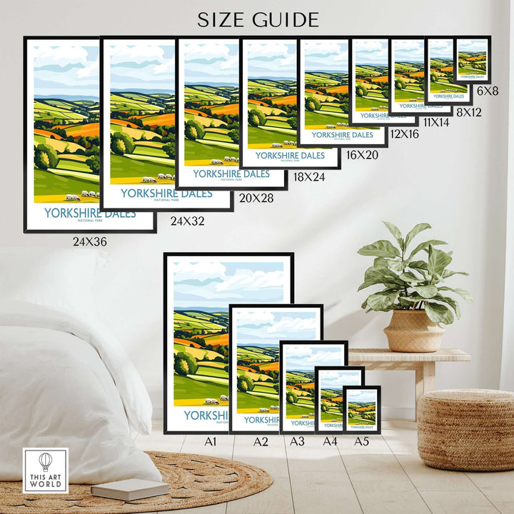 Yorkshire Dales wall art print size guide showcasing various frame sizes and designs for home decor options.