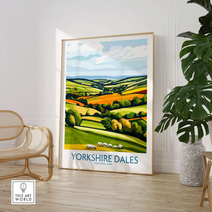 Yorkshire Dales National Park wall art print showcasing vibrant landscapes and sheep in a stylish home setting.