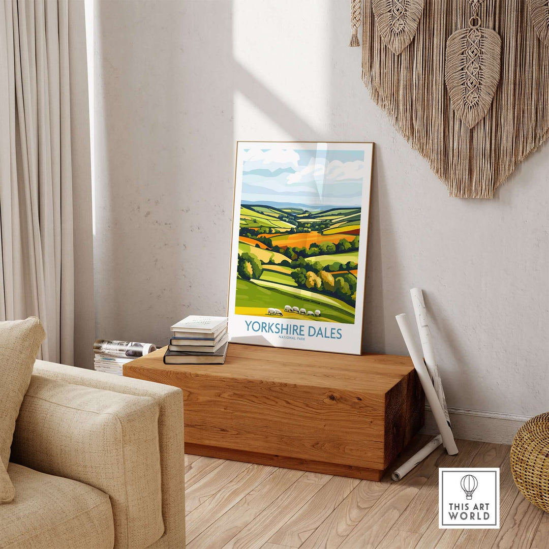 Yorkshire Dales National Park wall art print displayed in a cozy living room setting, showcasing scenic countryside views.