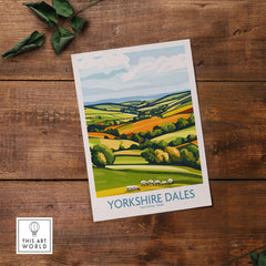 Yorkshire Dales National Park England Wall Art Print featuring vibrant green hills and iconic sheep.