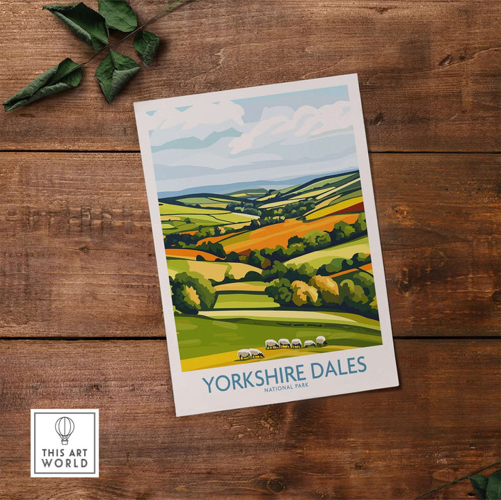 Yorkshire Dales National Park wall art print showcasing vibrant landscapes and sheep in a serene countryside setting.