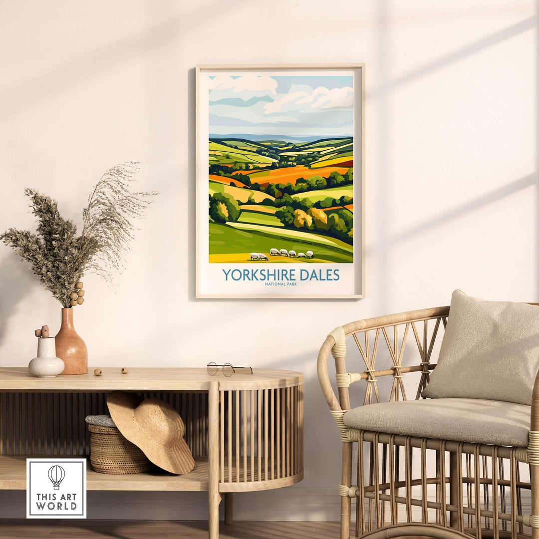 Yorkshire Dales National Park wall art print in a modern interior, showcasing lush green hills and sheep.