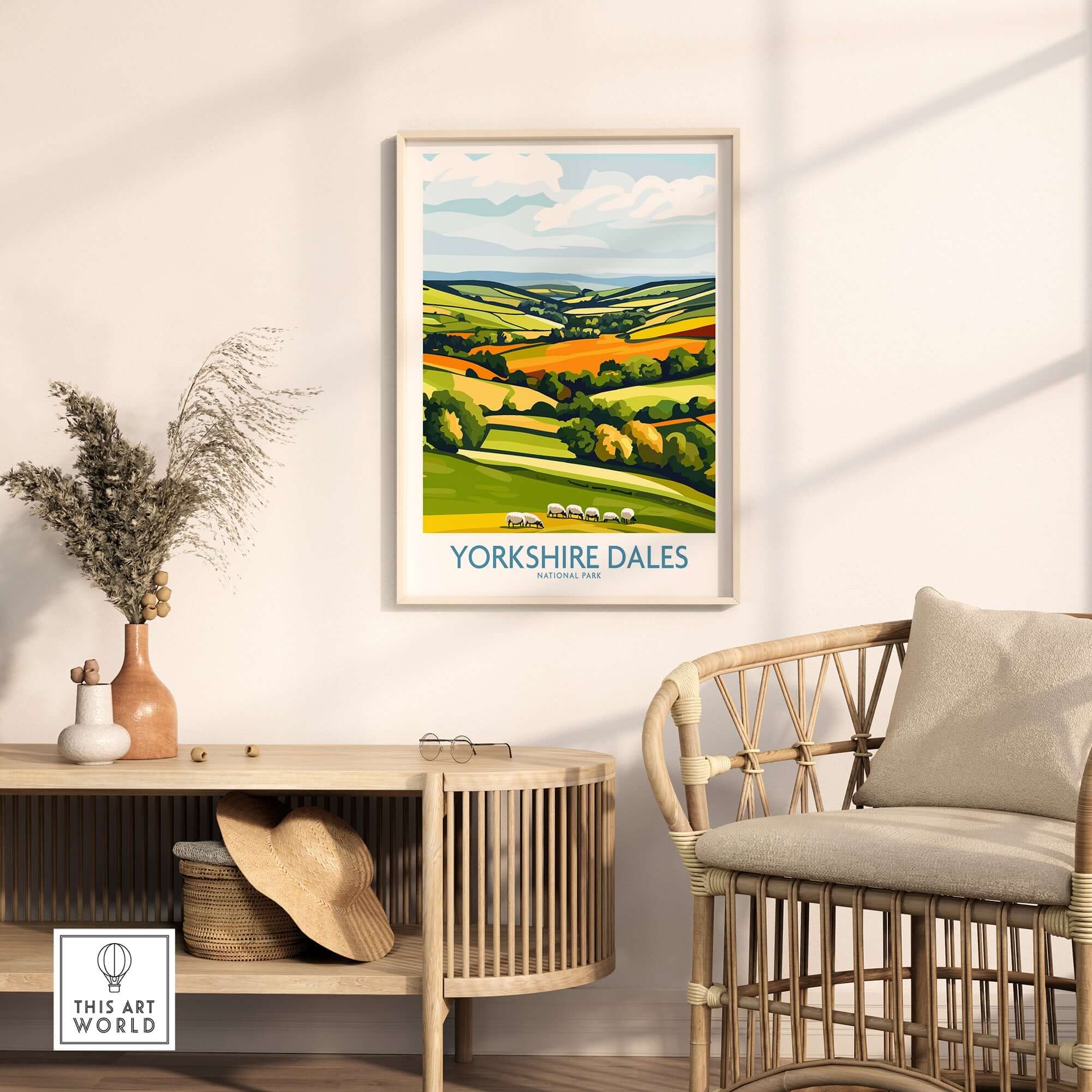 Yorkshire Dales National Park England Wall Art Print featuring vibrant countryside and sheep in a cozy living space.