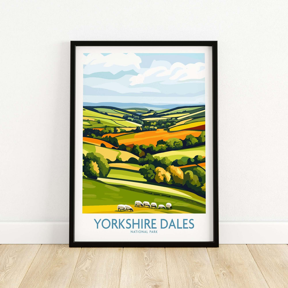 Yorkshire Dales National Park wall art print featuring vibrant landscapes and sheep in a charming countryside setting.