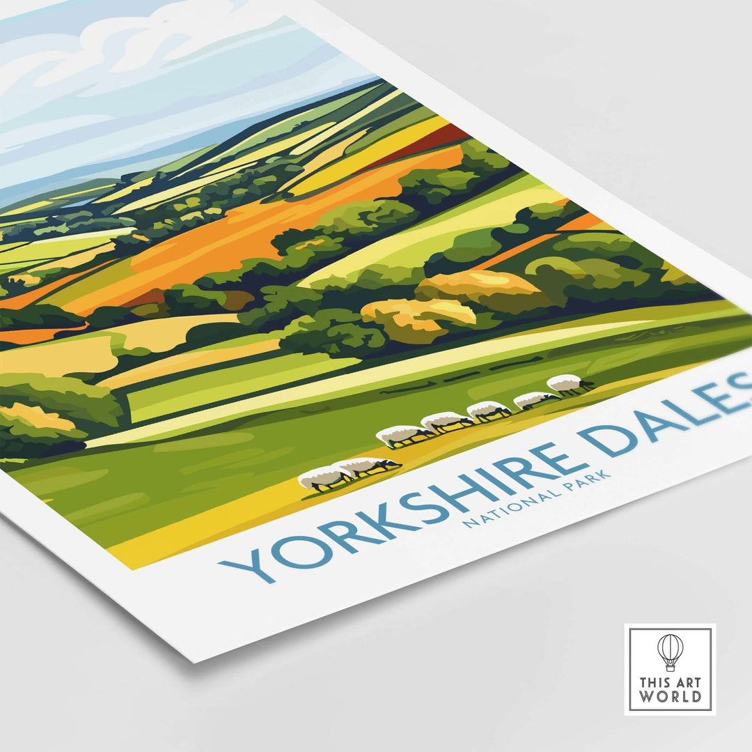 Yorkshire Dales National Park wall art print showcasing vibrant landscapes and grazing sheep in a serene countryside setting.