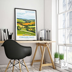 Yorkshire Dales National Park England Wall Art Print showcasing a vibrant landscape featuring green hills and sheep.