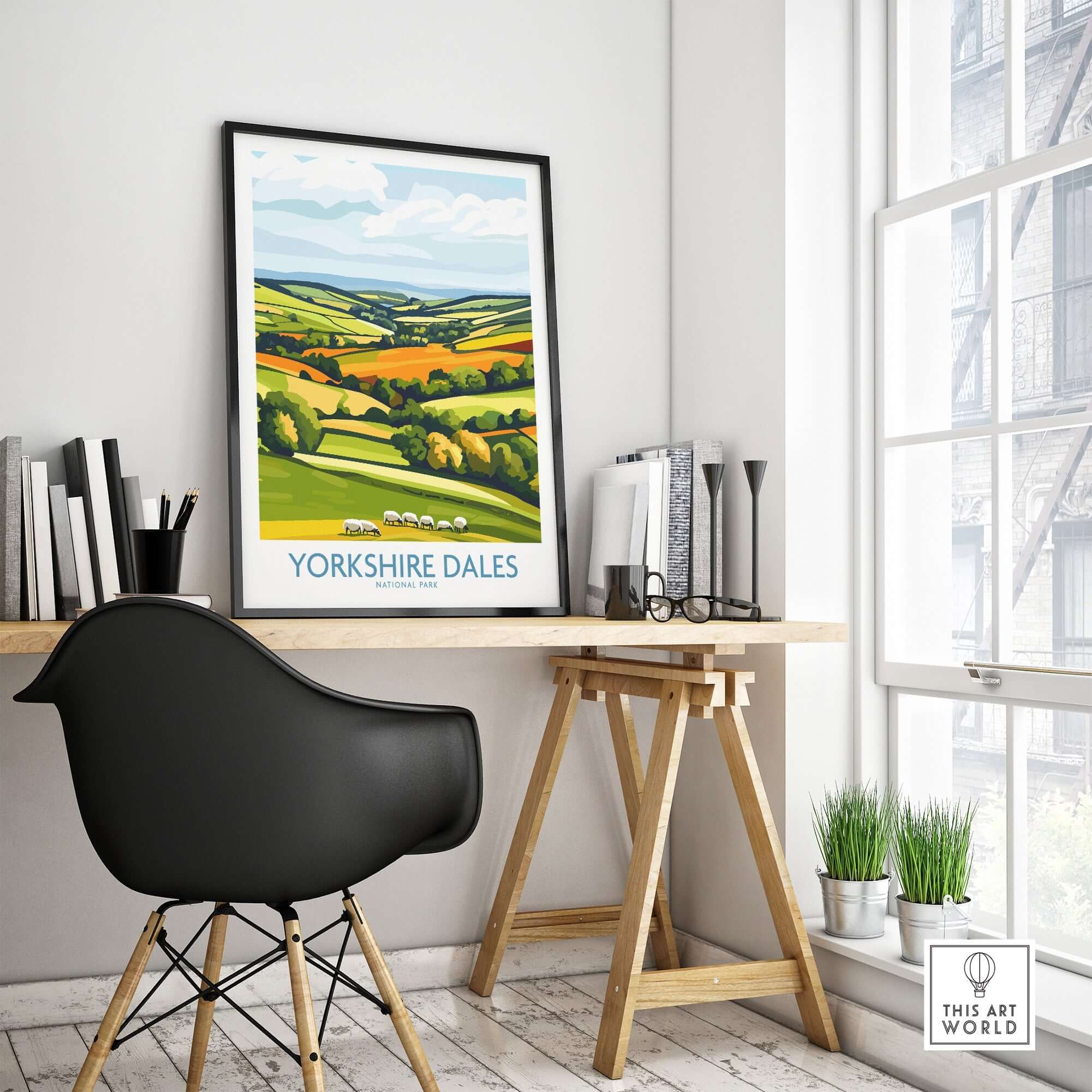 Yorkshire Dales National Park England Wall Art Print showcasing a vibrant landscape featuring green hills and sheep.