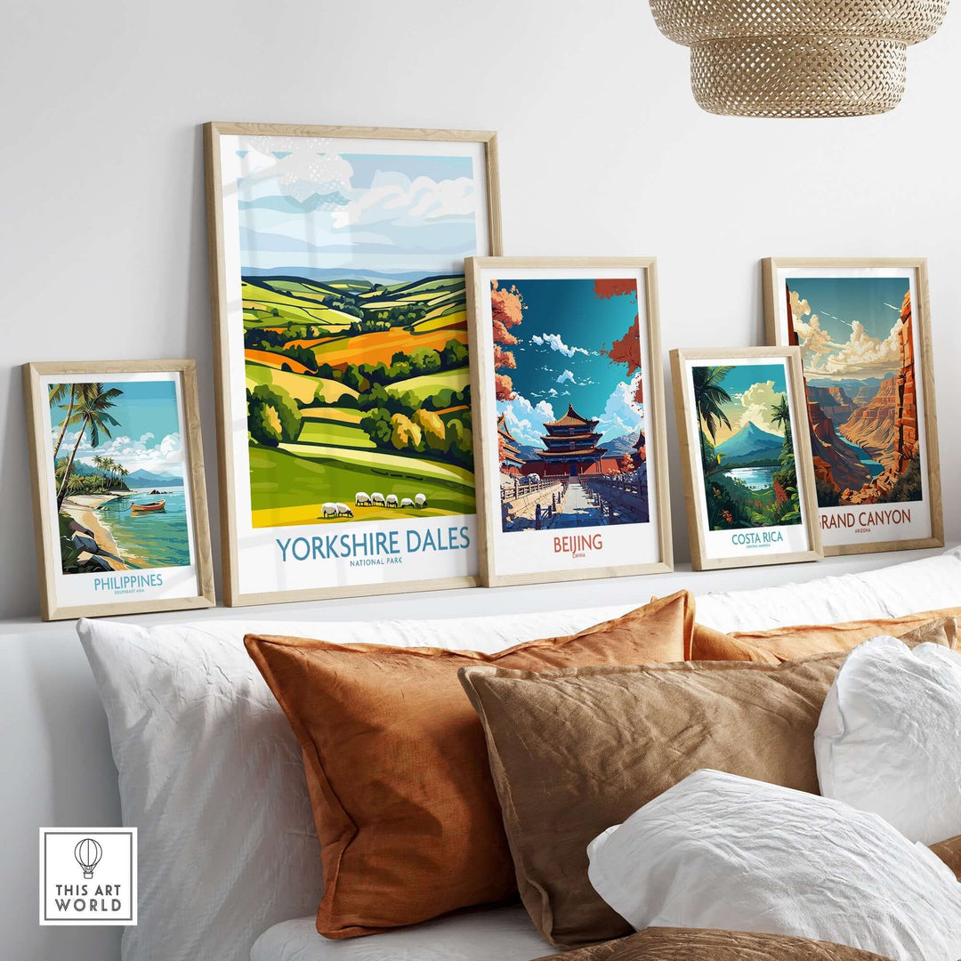 Yorkshire Dales wall art print displayed among other travel-themed prints in a stylish living room setting.