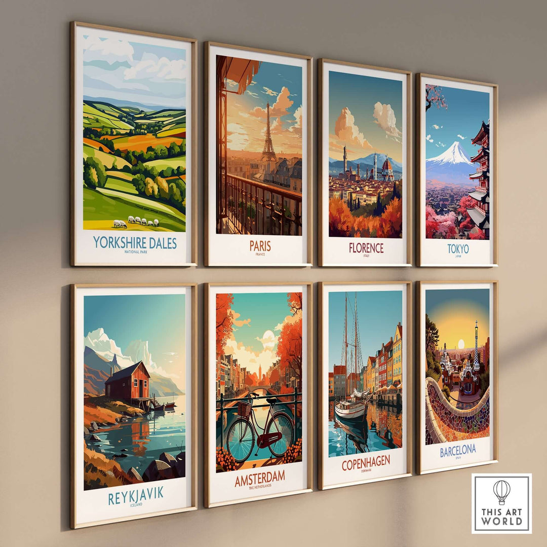 Wall art display featuring prints of Yorkshire Dales, Paris, Florence, Tokyo, Reykjavik, Amsterdam, Copenhagen, and Barcelona.