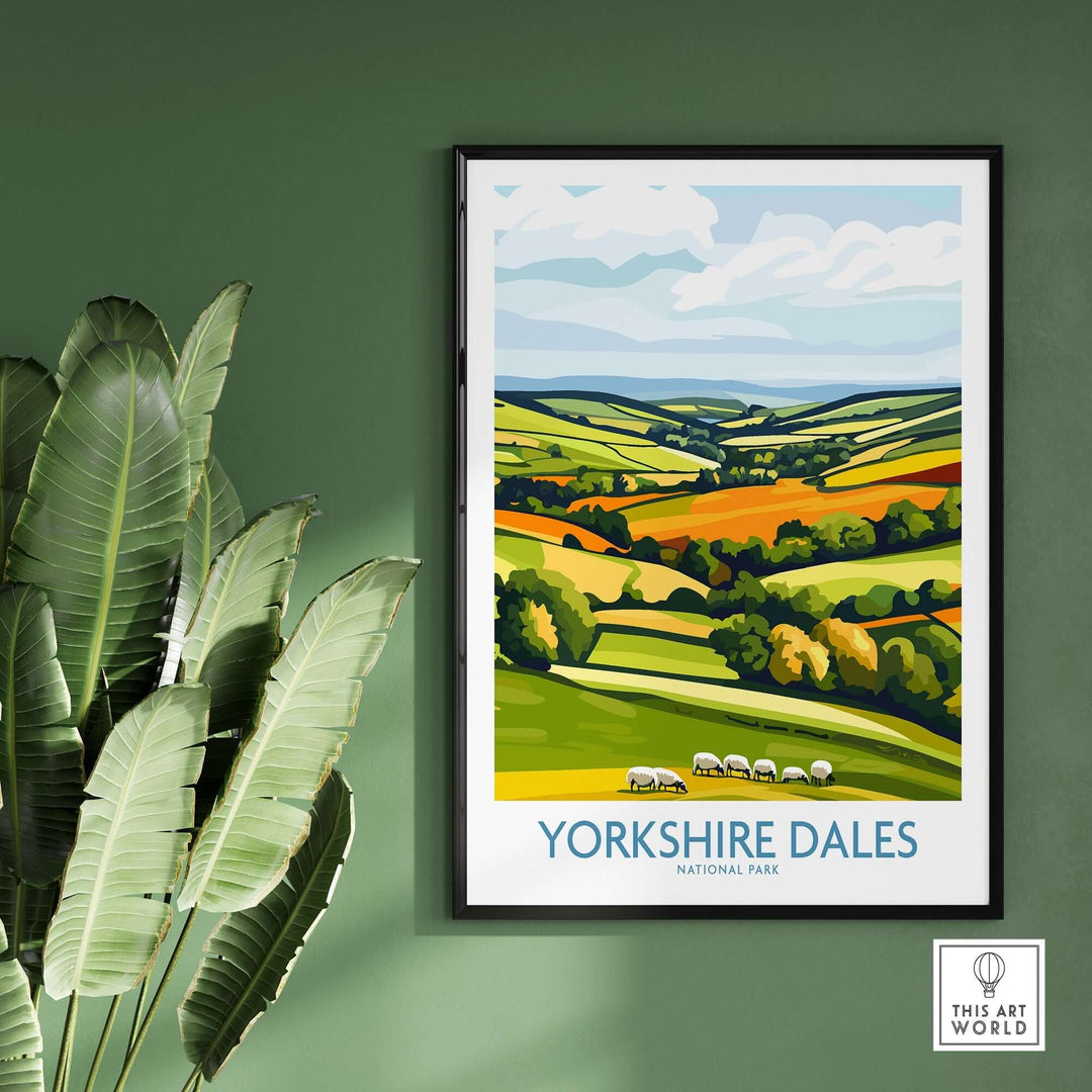 Yorkshire Dales National Park wall art print showcasing vibrant landscapes and sheep against a green wall with plants.