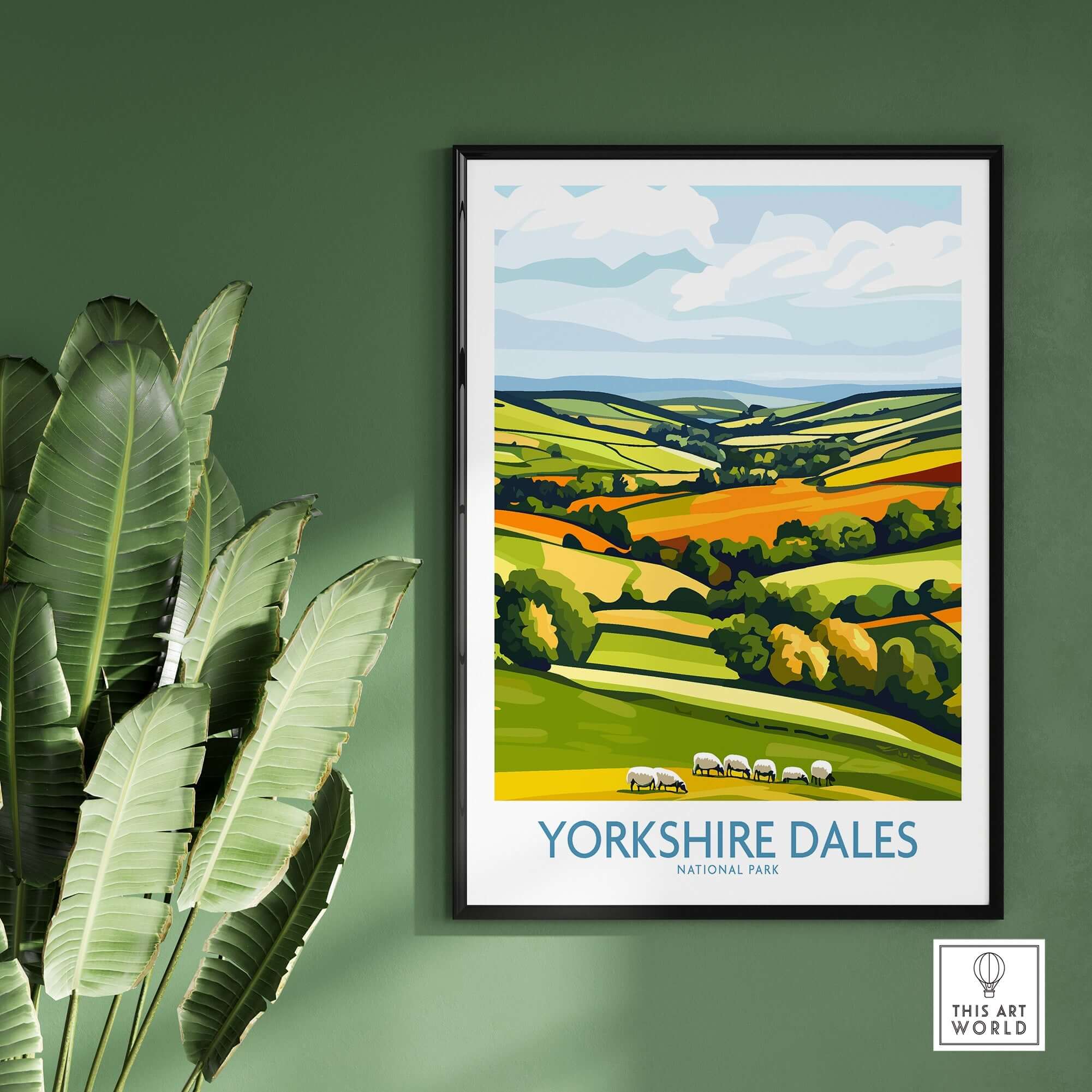 Yorkshire Dales National Park England Wall Art Print featuring vibrant countryside and sheep.