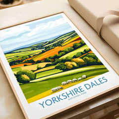 Yorkshire Dales National Park England Wall Art Print showcasing vibrant countryside with sheep in a framed design.