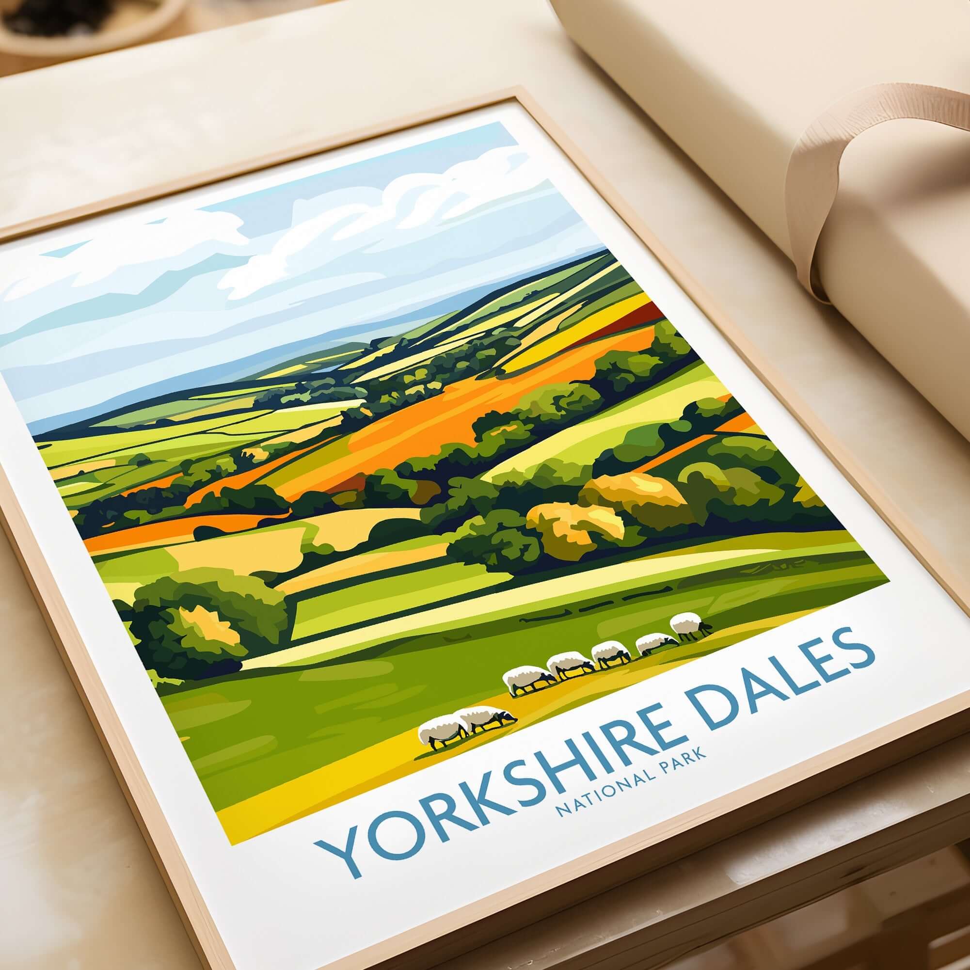 Yorkshire Dales National Park England Wall Art Print showcasing vibrant countryside with sheep in a framed design.