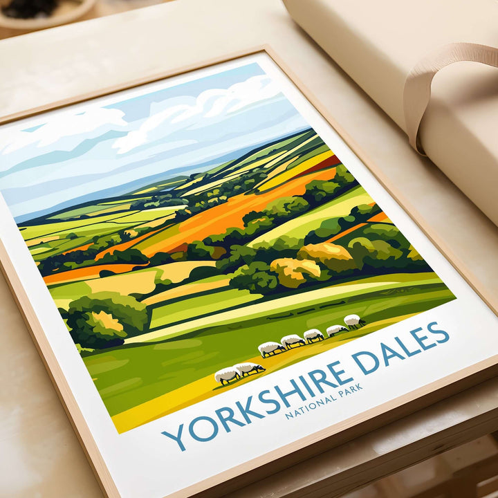 Yorkshire Dales National Park wall art print featuring vibrant countryside landscape and iconic sheep.