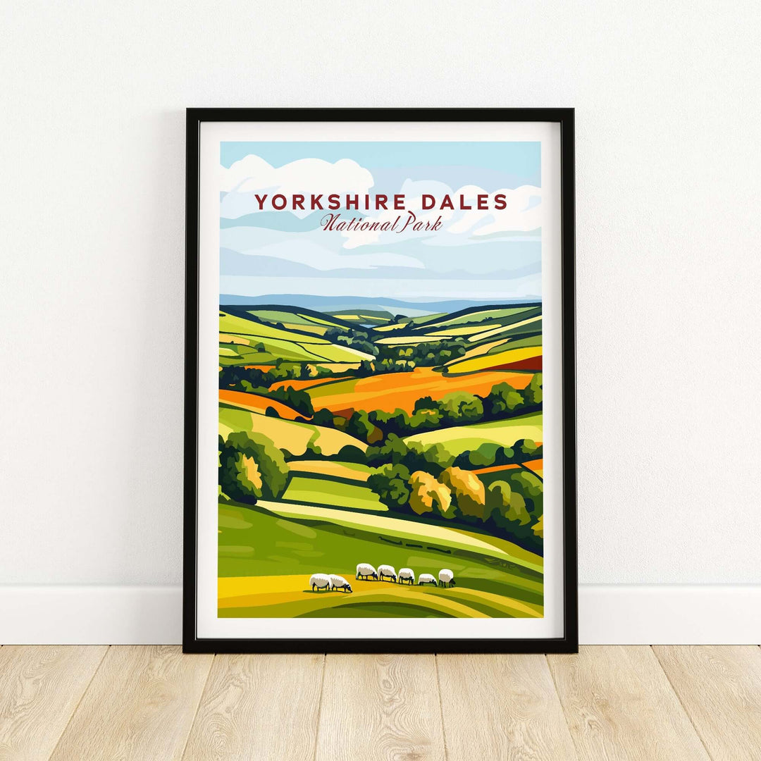 Yorkshire Dales National Park wall art featuring vibrant landscapes and sheep in a framed design.