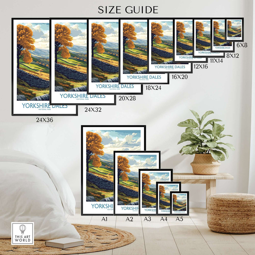 Yorkshire Dales National Park poster size guide showcasing various frame sizes and designs for home decor.