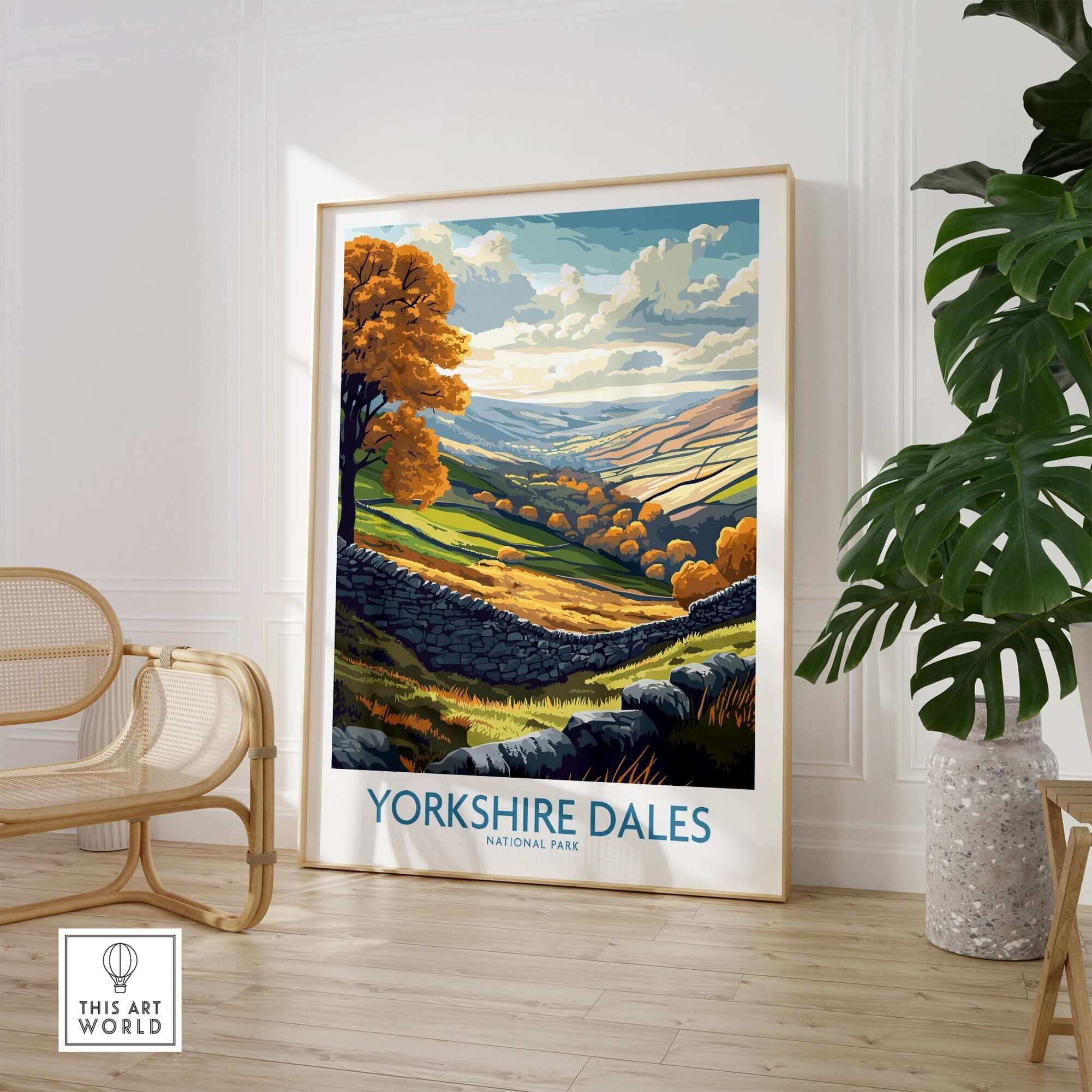 Yorkshire Dales National Park Poster featuring scenic hills and autumn colors in a cozy setting.