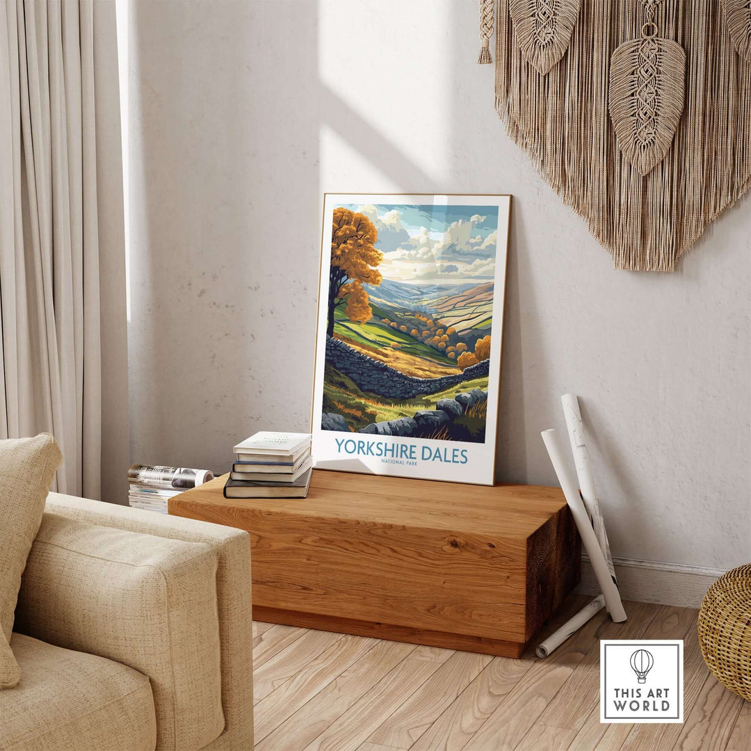 Yorkshire Dales National Park poster displayed in a cozy living room, showcasing vibrant landscapes and charming hills.