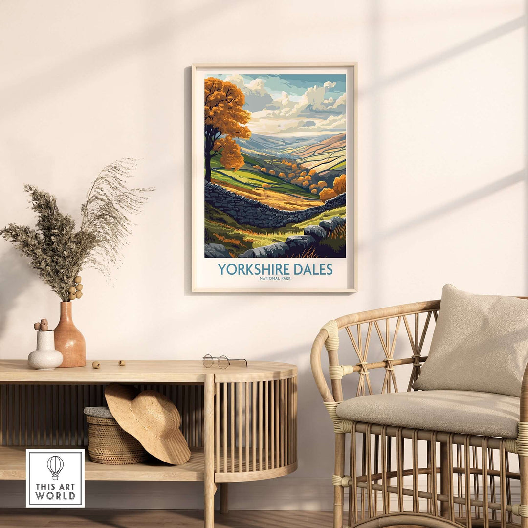 Yorkshire Dales National Park poster showcasing vibrant landscapes, displayed in a cozy interior setting.