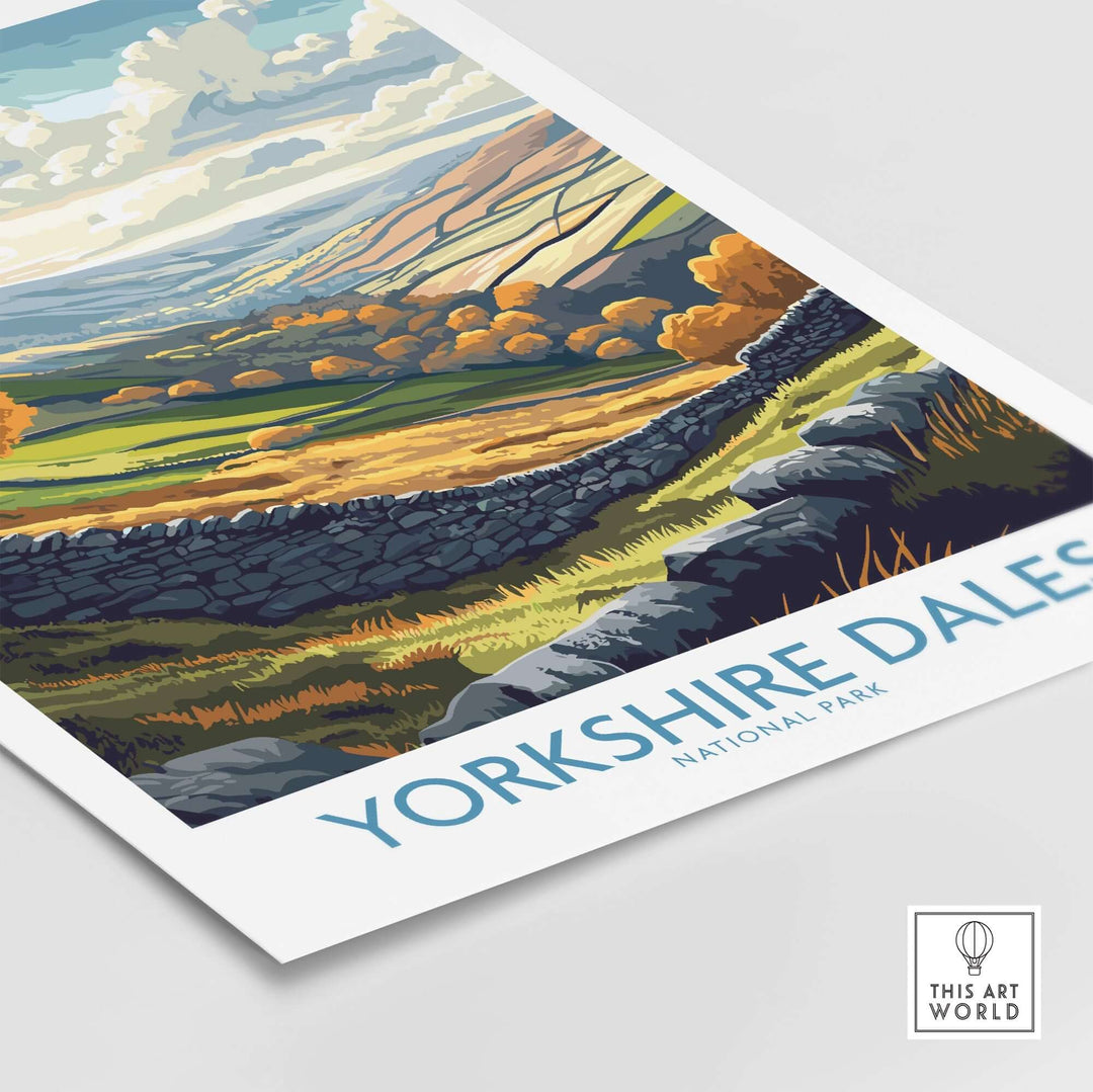 Yorkshire Dales National Park poster featuring rolling hills and vibrant landscapes, perfect for nature lovers.