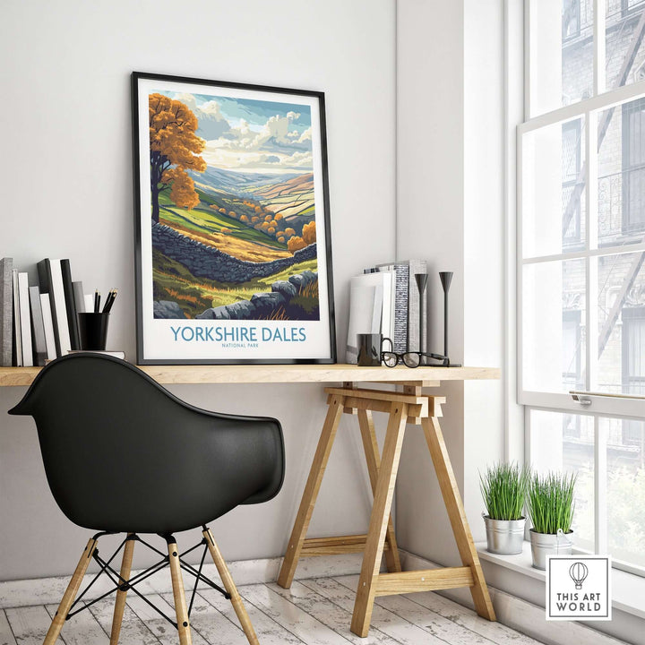 Yorkshire Dales National Park poster displayed in a cozy home office setting with modern decor and natural light.