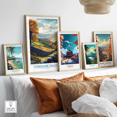 Yorkshire Dales National Park Poster displayed among travel-themed art prints in a cozy home setting.
