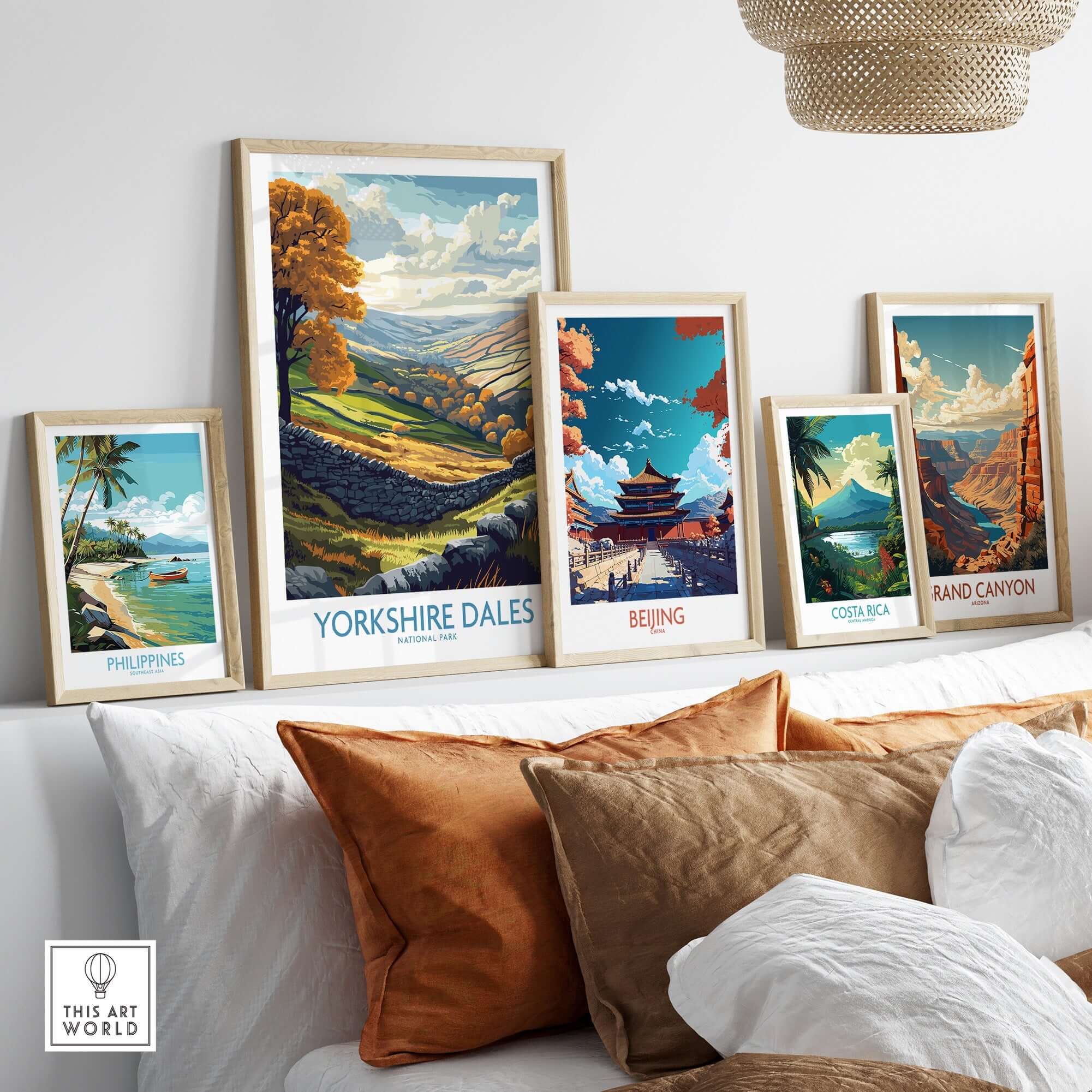 Yorkshire Dales National Park Poster displayed among travel-themed art prints in a cozy home setting.