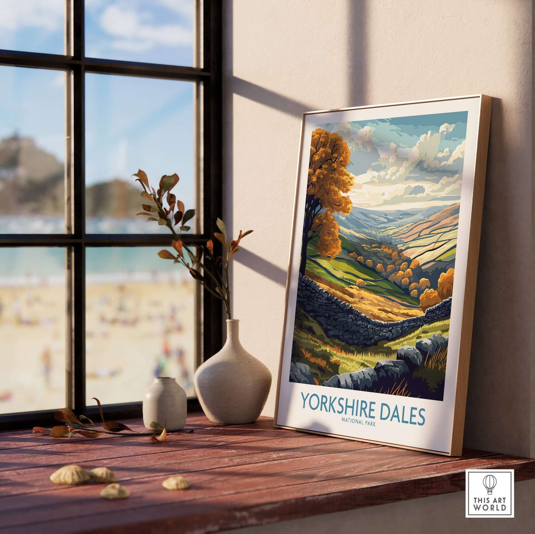 Yorkshire Dales National Park poster displayed indoors, showcasing beautiful landscapes and vibrant colors. Perfect for nature lovers.