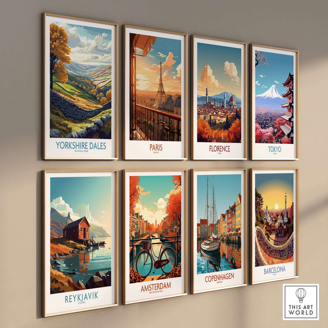 Colorful travel posters featuring Yorkshire Dales, Paris, Florence, Tokyo, Reykjavik, Amsterdam, Copenhagen, and Barcelona.