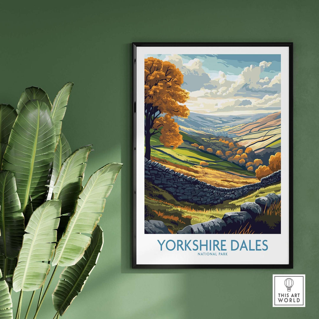 Yorkshire Dales National Park poster featuring vibrant landscapes and autumn trees, ideal for nature lovers' decor.