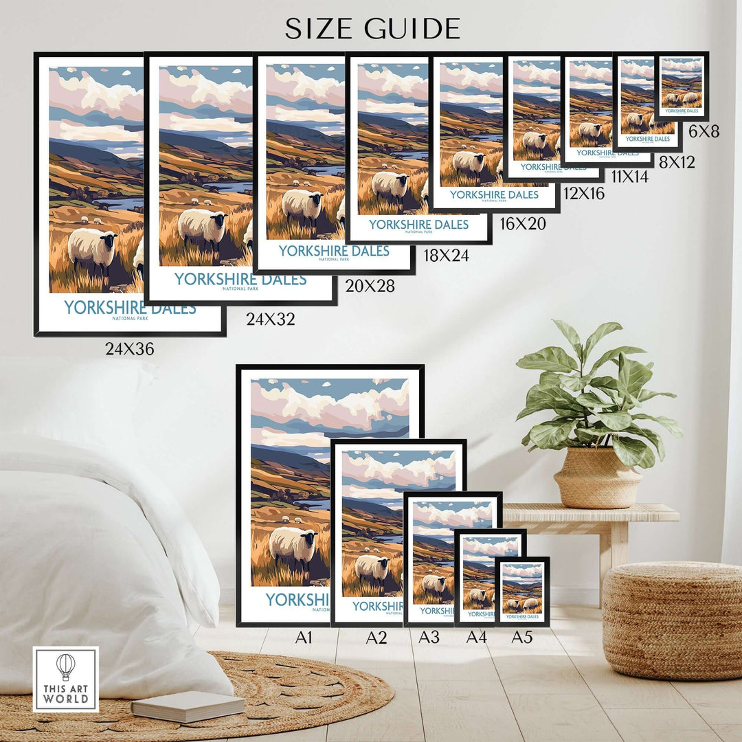 Size guide for Yorkshire Dales poster showing various frame sizes with lush landscapes and sheep imagery.