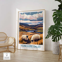 Yorkshire Dales National Park Poster England featuring lush landscapes and sheep in a beautifully framed setting.