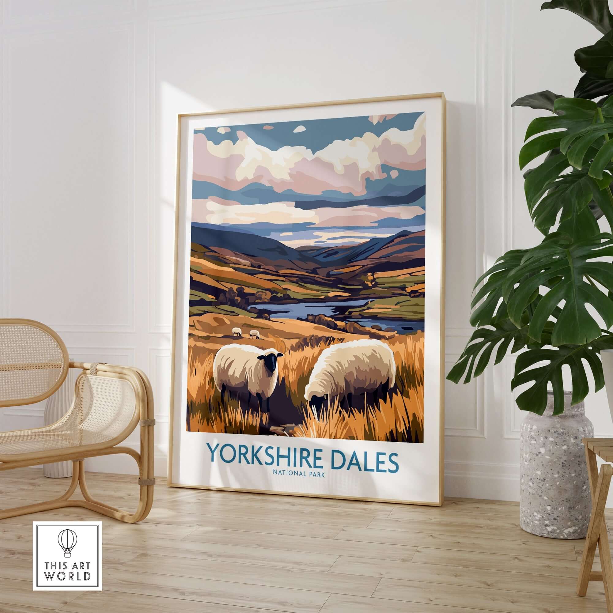 Yorkshire Dales National Park Poster England featuring lush landscapes and sheep in a beautifully framed setting.