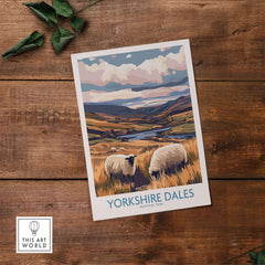 Yorkshire Dales National Park Poster England featuring sheep and scenic landscape.