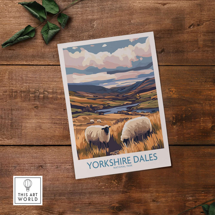 Yorkshire Dales National Park poster featuring grazing sheep and scenic landscapes of the English countryside.