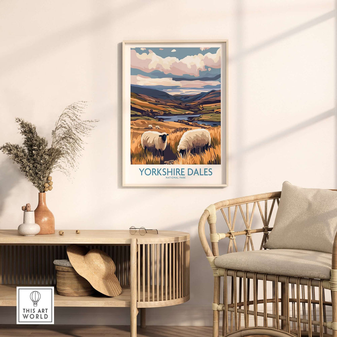 Yorkshire Dales National Park poster with sheep in a stylish room setting, showcasing English countryside beauty.