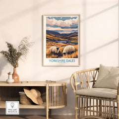 Yorkshire Dales National Park Poster England showcasing sheep and stunning landscapes in a contemporary interior setting.