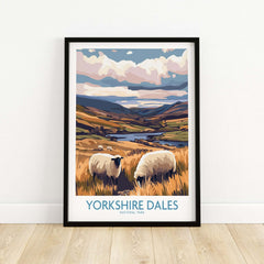 Yorkshire Dales National Park Poster England featuring sheep and picturesque landscapes in a framed art display.
