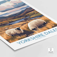 Yorkshire Dales National Park Poster England showcasing grazing sheep and lush landscapes in a stunning design.