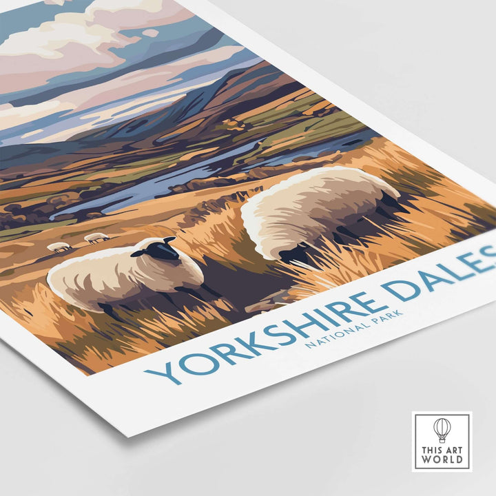 Yorkshire Dales National Park poster featuring grazing sheep and lush landscapes of the English countryside.