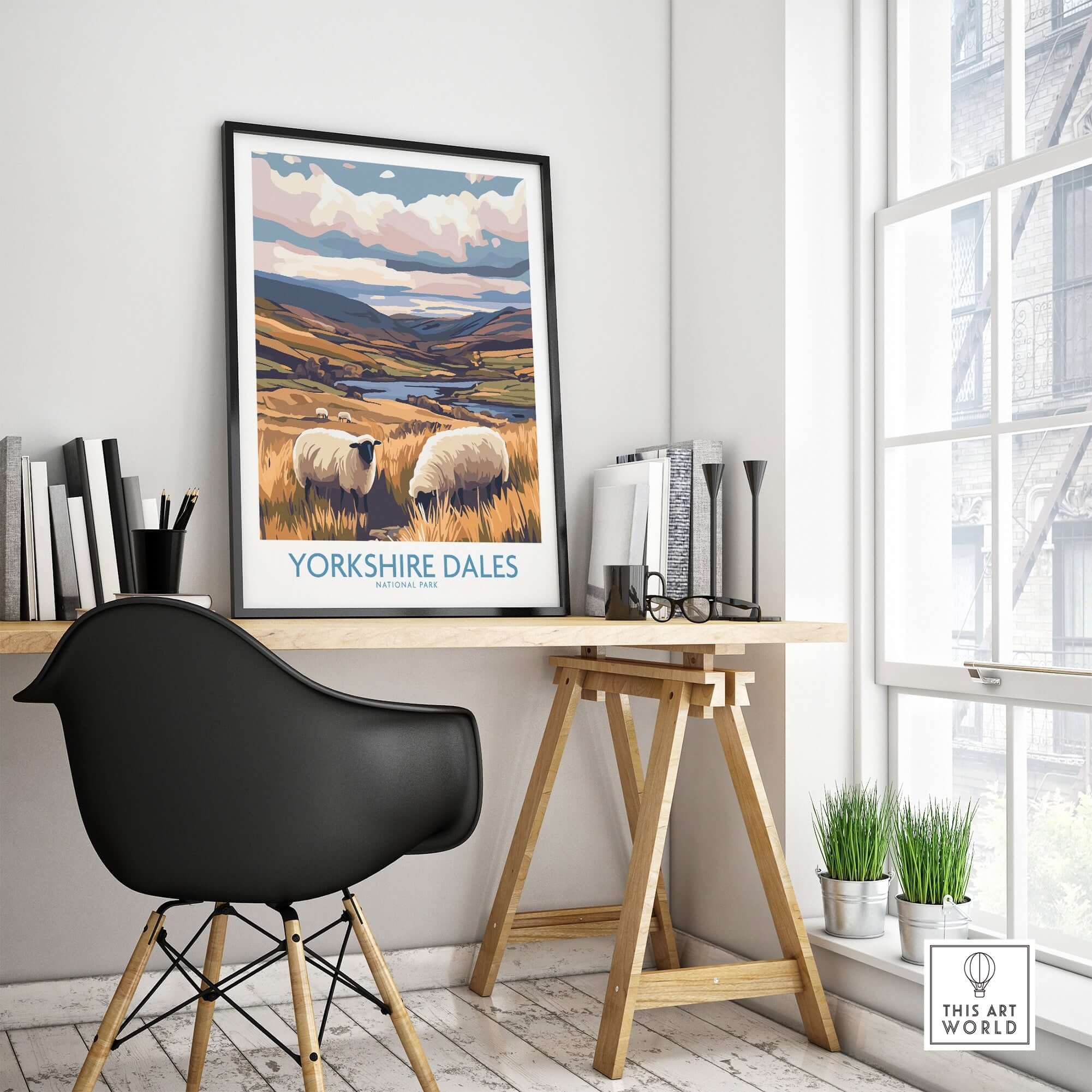 Yorkshire Dales National Park Poster England showcased in a modern workspace with sheep and countryside background.