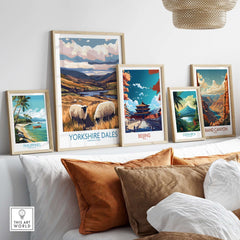 Yorkshire Dales National Park Poster England displayed among other travel posters on a stylish shelf.