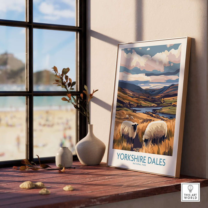 Yorkshire Dales National Park poster featuring scenic landscapes and sheep, displayed on a windowsill.