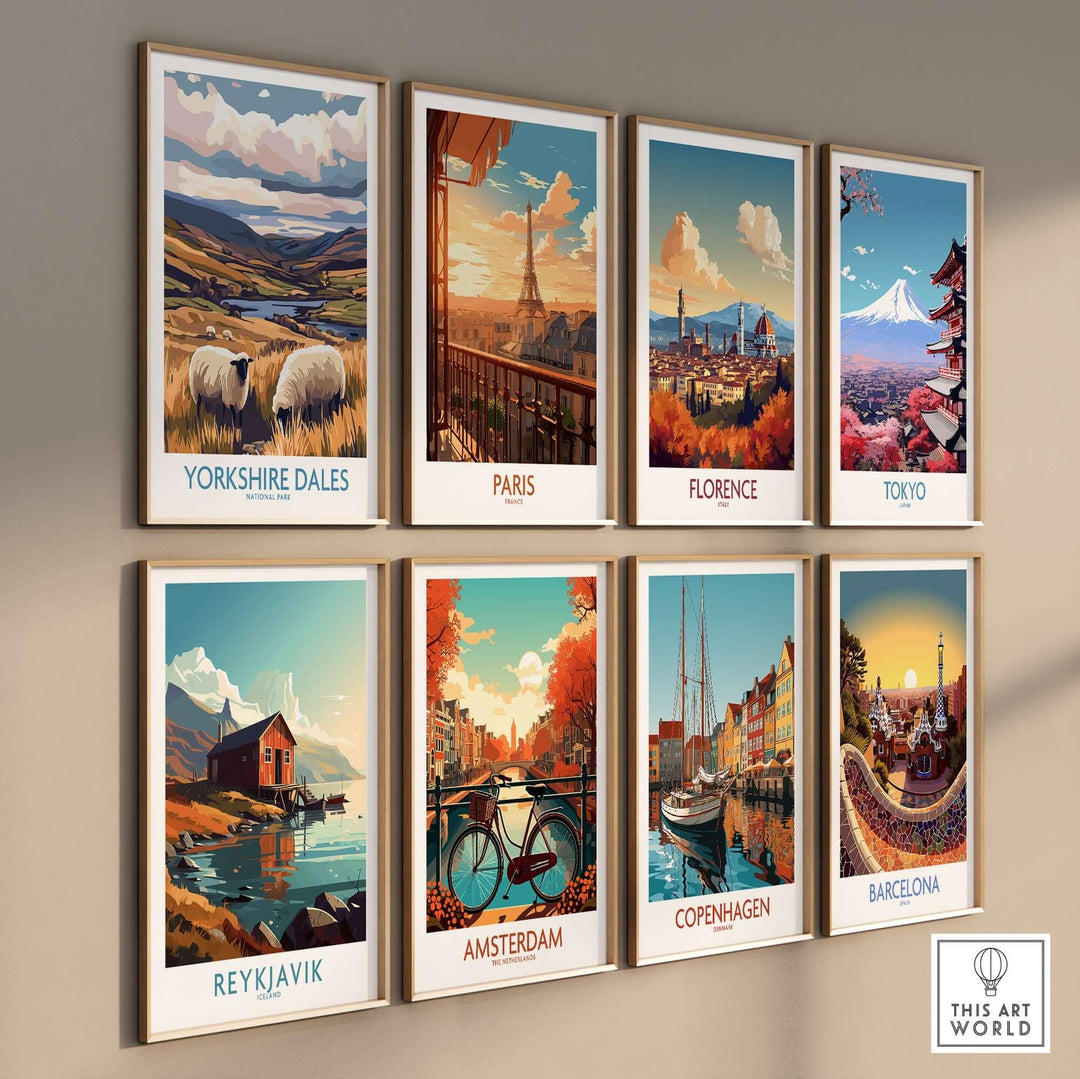 Collection of travel posters featuring Yorkshire Dales, Paris, Florence, Tokyo, Reykjavik, Amsterdam, Copenhagen, and Barcelona.