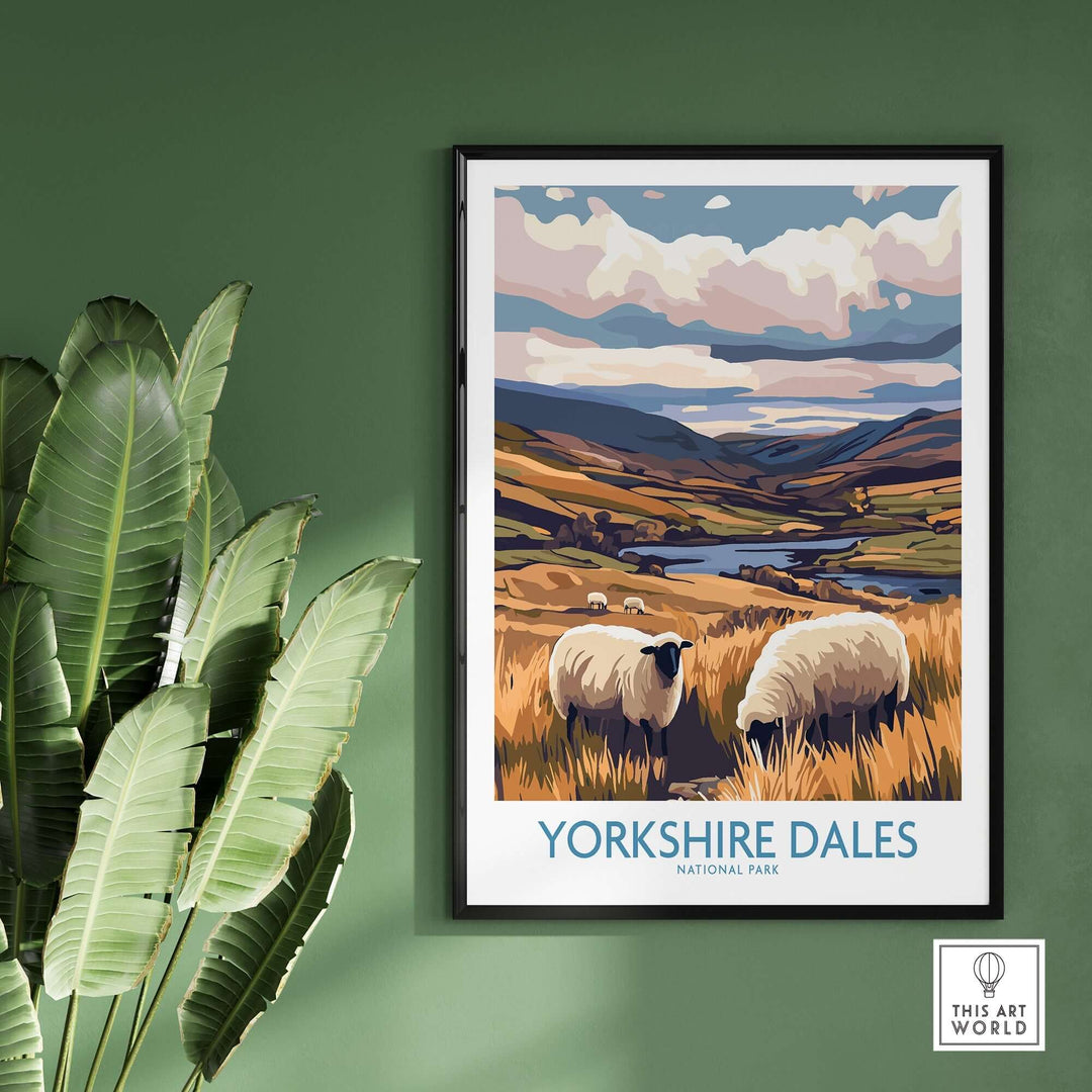 Yorkshire Dales National Park poster featuring grazing sheep and lush landscapes in a stylish frame against a plant backdrop.