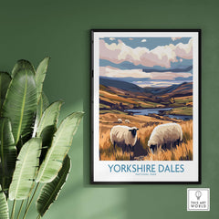 Yorkshire Dales National Park Poster England featuring sheep and lush landscapes in a framed artwork.