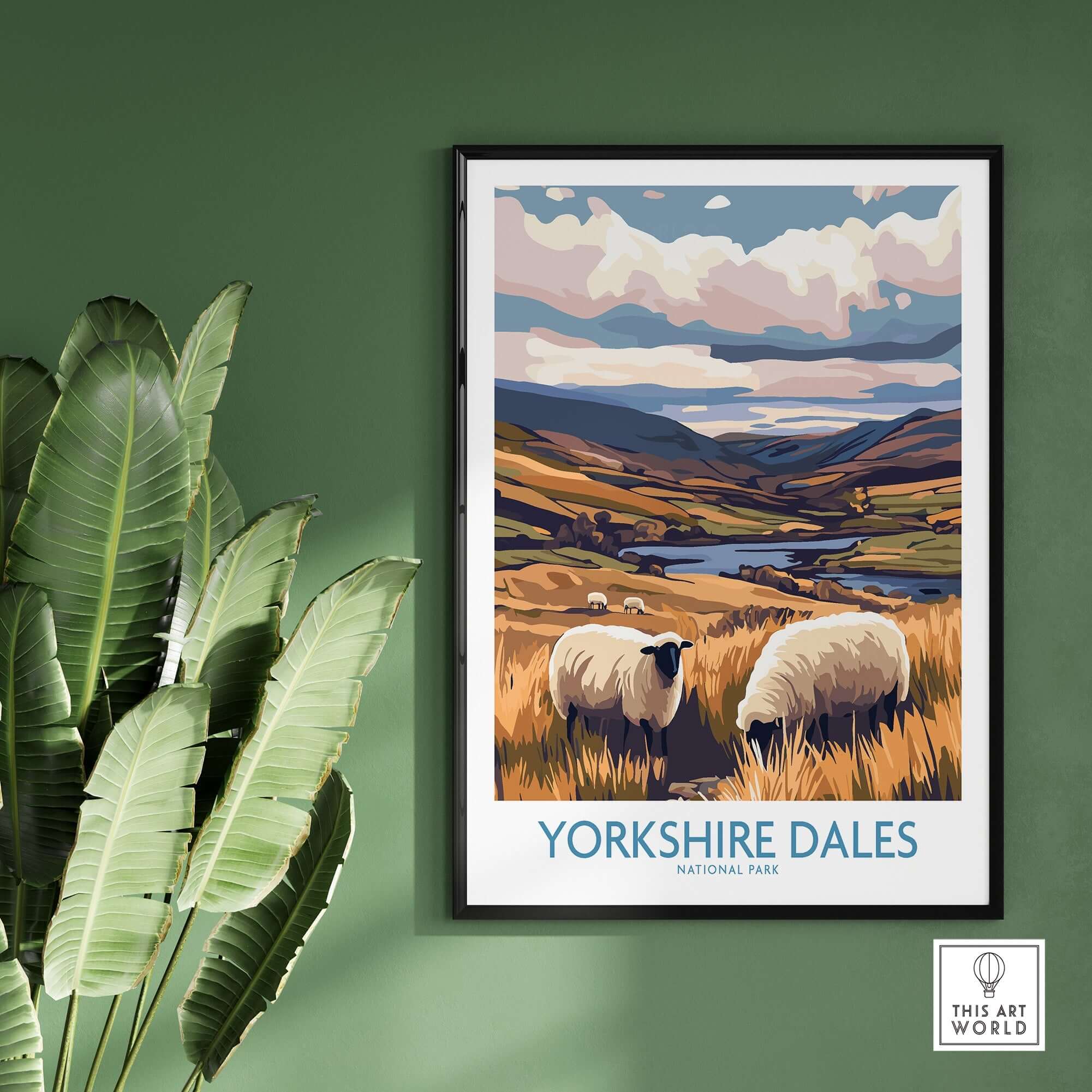 Yorkshire Dales National Park Poster England featuring sheep and lush landscapes in a framed artwork.