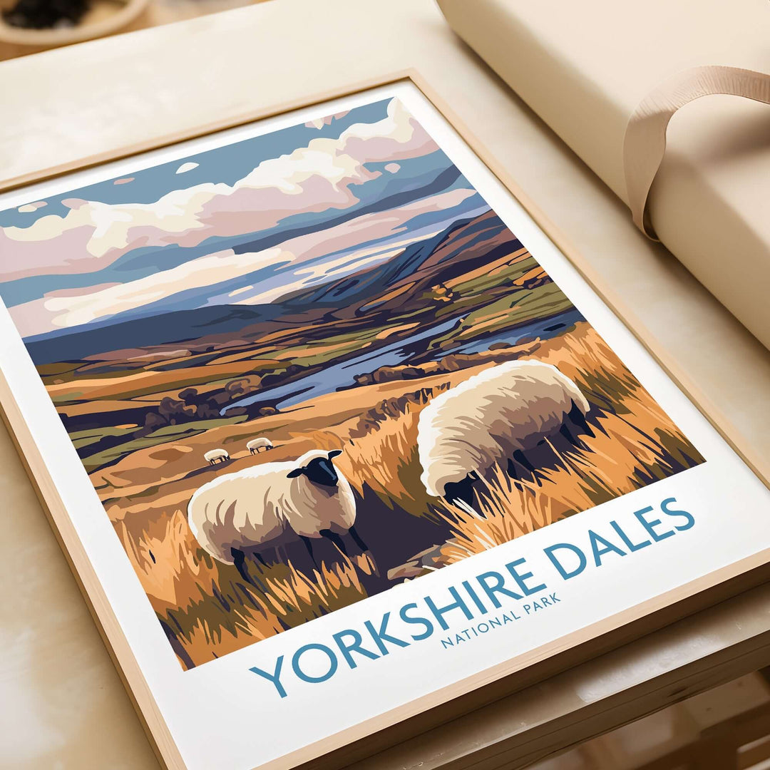 Yorkshire Dales National Park poster featuring lush landscapes and grazing sheep, perfect for nature lovers.